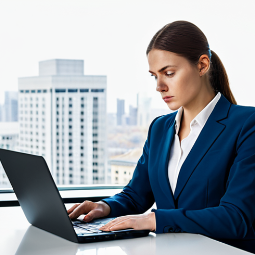 Home 11 Compliance Professional in a Modern Office**
A professional compliance officer, fully clothed in a tailored business suit, working on a laptop in a brightly lit, modern office with glass walls and city views. The office environment is clean and organized. She is reviewing documents with a serious and focused expression. Perfect anatomy, correct proportions, natural pose, well-formed hands, proper finger count, natural body proportions. Safe for work, appropriate content, fully clothed, professional. Professional photography, high quality.
**