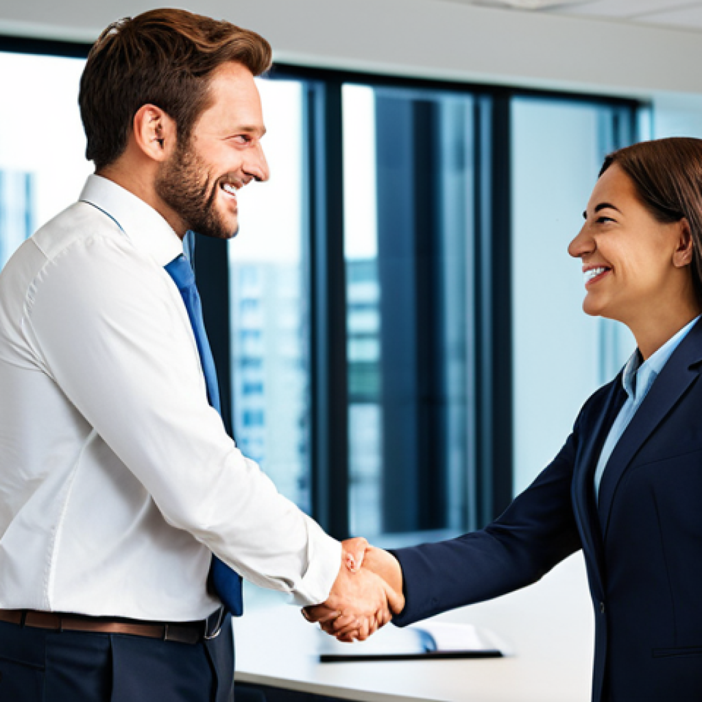 **

"A confident professional, fully clothed in business attire, shaking hands with an interviewer in a modern office setting, appropriate content, safe for work, perfect anatomy, natural proportions, professional corporate photography, bright and optimistic lighting, friendly atmosphere, demonstrating a successful job interview."

**