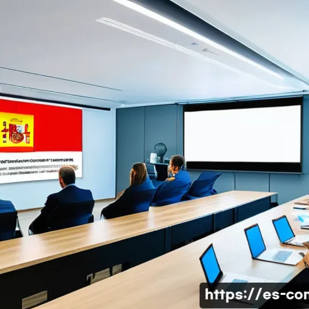 규제준수 분야에서의 자격 취득 후 이직 팁 - A professional corporate compliance seminar scene in a modern conference room in Spain, featuring di...