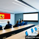 Home 22 규제준수 분야에서의 자격 취득 후 이직 팁 - A professional corporate compliance seminar scene in a modern conference room in Spain, featuring di...