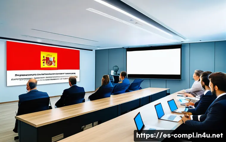 규제준수 분야에서의 자격 취득 후 이직 팁 - A professional corporate compliance seminar scene in a modern conference room in Spain, featuring di...