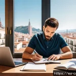 Home 19 규제준수 자격시험 준비의 중요 포인트 - A modern home office setup in a bright room with large windows showing a Barcelona cityscape, featur...