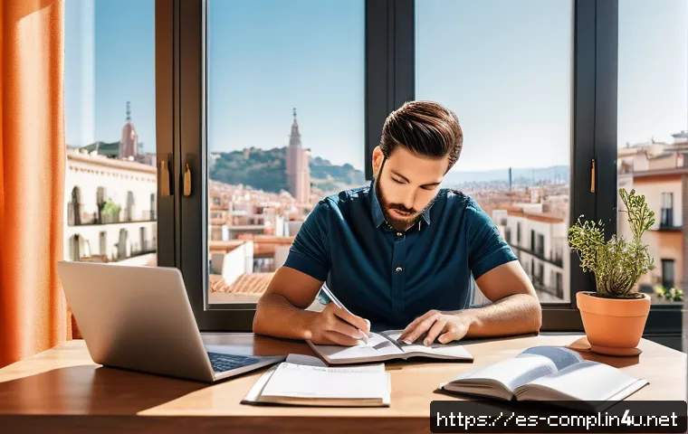 규제준수 자격시험 준비의 중요 포인트 - A modern home office setup in a bright room with large windows showing a Barcelona cityscape, featur...