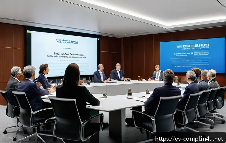 규제준수 업무의 필수 기술 - A modern corporate boardroom scene featuring diverse senior executives engaged in a compliance train...