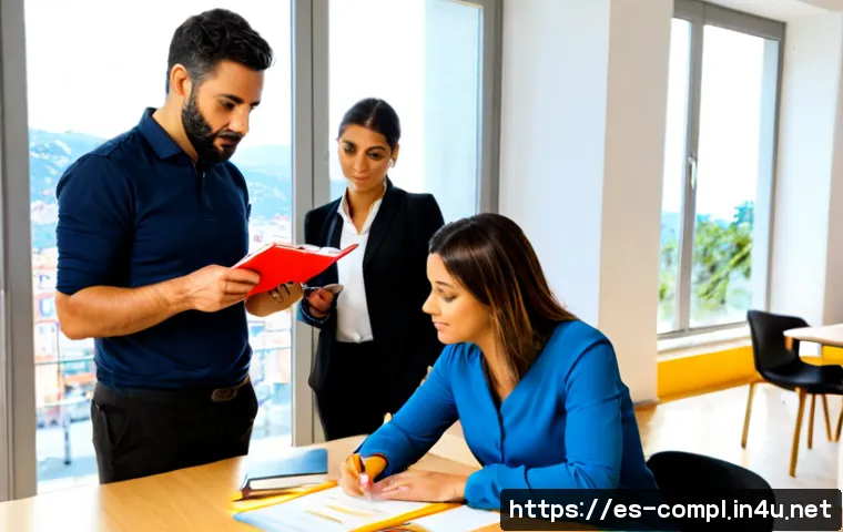 Home 17 규제준수 전문 지식 강화 방법 - Photorealistic modern compliance training workshop in a bright Spanish office, diverse adult profess...